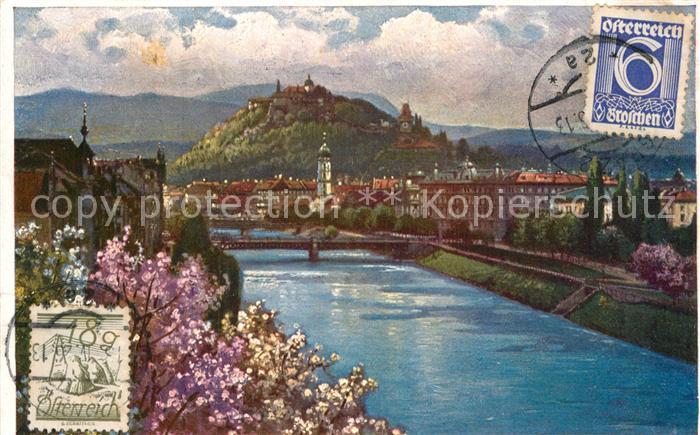 Graz Steiermark Partie an der Mur Blick zum Schlossberg