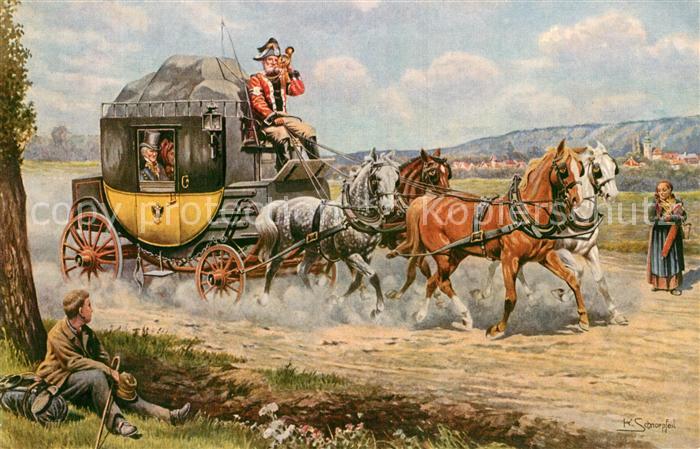 Postkutsche Künstlerkarte K. Schnorpfeil Ferienreis