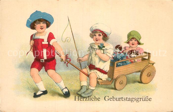 Geburtstag Kinder Holzkarren Welpen Litho
