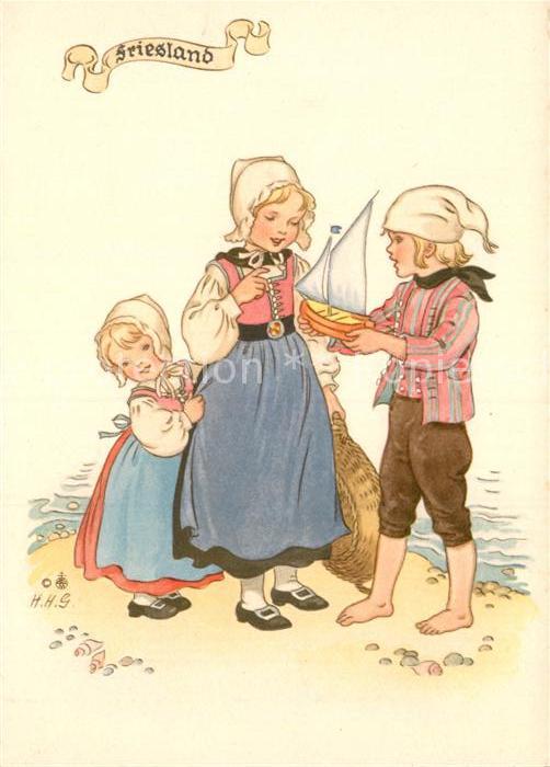 Trachten Friesland Kinder Segelboot Künstlerkart