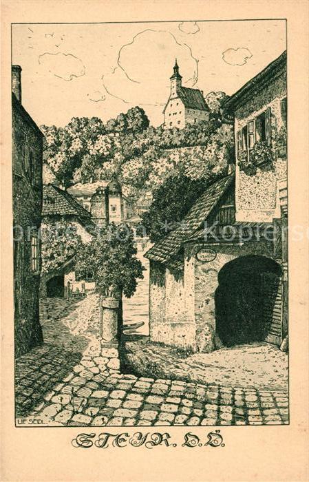 Steyr Enns Oberoesterreich Ortsmotiv mit Kirche Original Federzeichnung U. Seidl