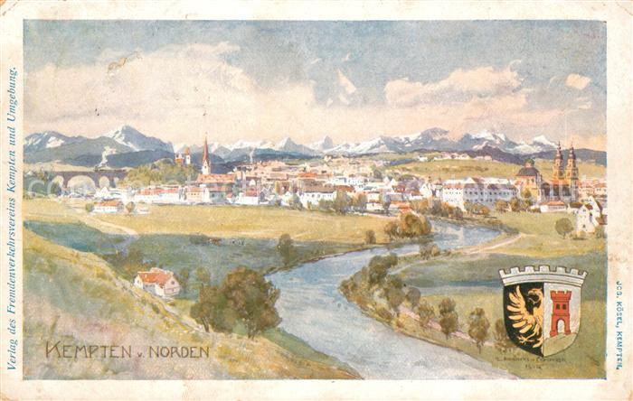 Kempten Allgaeu Gesamtansicht mit Alpenpanorama Wappen Kuenstlerkarte