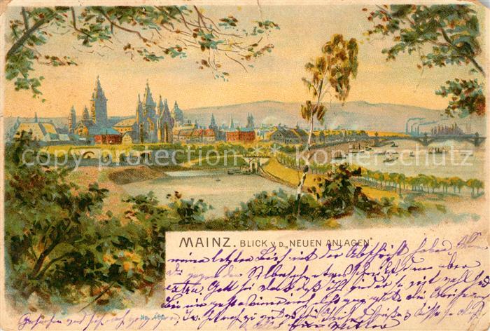 Mainz Rhein Blick von den Neuen Anlagen Litho