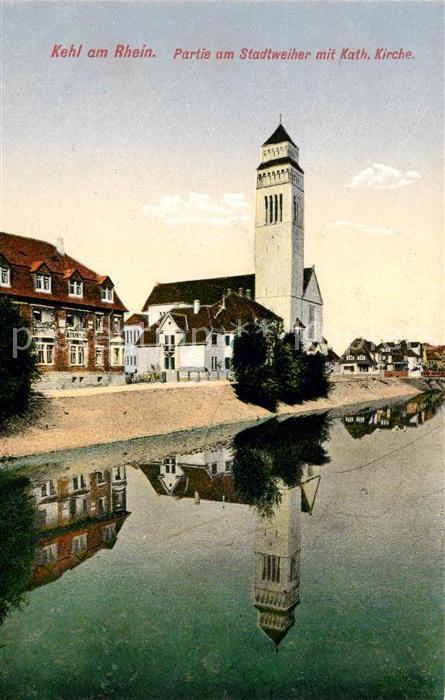 Kehl Rhein Partie am Stadtweiher mit Katholischer Kirche