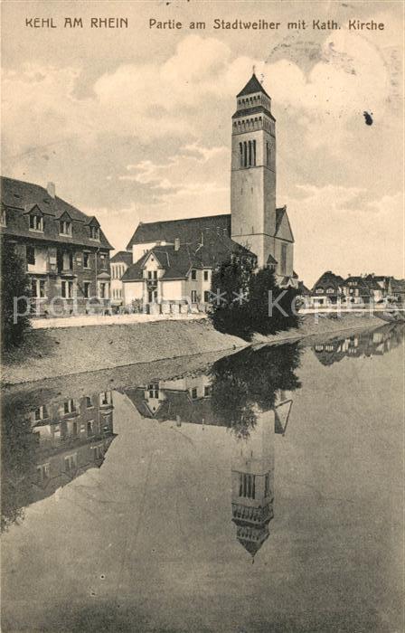 Kehl Rhein Partie am Stadtweiher mit Katholischen Kirche