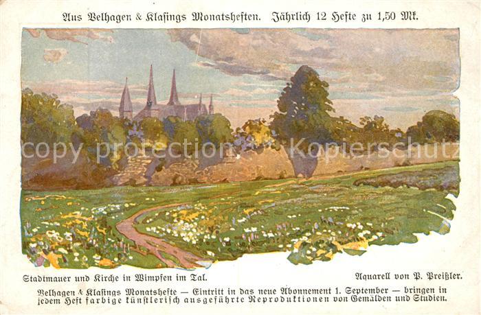 Wimpfen Stadtmauer und Kirche aus Belhagen & Klafings Monatsheften Aquarell Prei