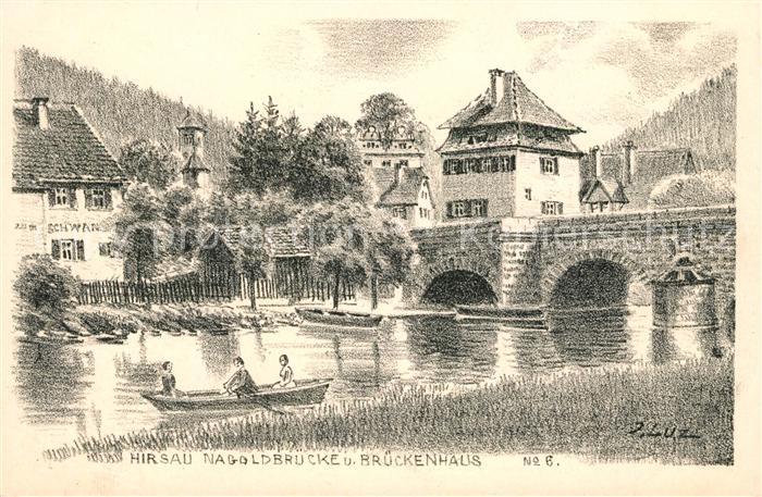 Hirsau Nagoldbruecke und Brueckenhaus Kuenstlersteinzeichnung von J. Luz Serie I