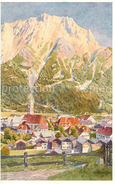 Mittenwald Karwendel Tirol Ortsansicht mit Kirche Karwendelgebirge Kuenstlerkart