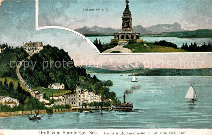 Starnbergersee Leoni und Rottmannshoehe mit Drahtseilbahn Bismarckturm