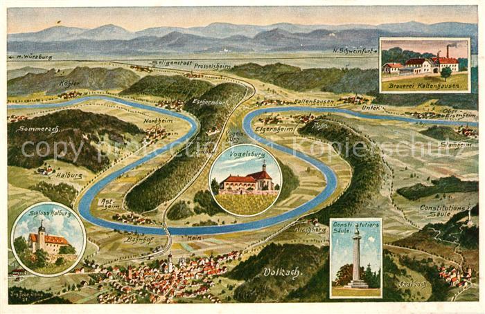 Volkach Mainschleife aus der Vogelperspektive Brauerei Saeule Schloss