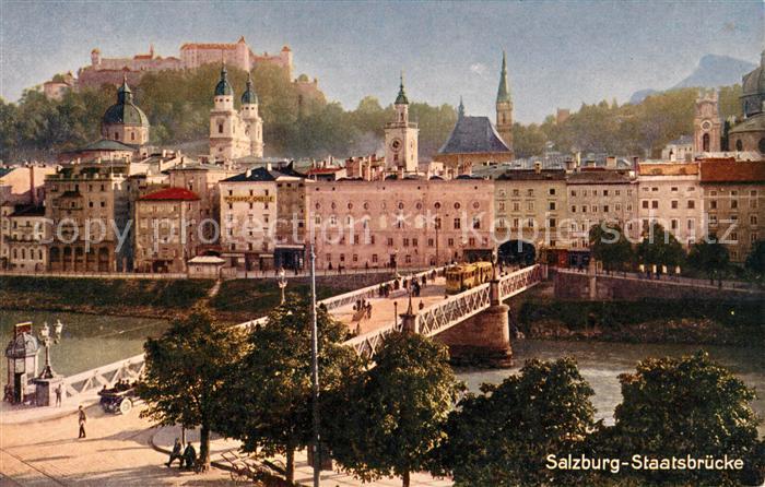 Salzburg Oesterreich Staatsbruecke Strassenbahn Pferdekutsche