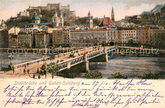 Salzburg Oesterreich Stadtbruecke mit Hohen-Salzburg