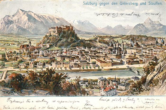 Salzburg Oesterreich gegen Untersberg und Stauffen Kuenstlerkarte
