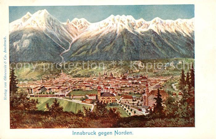 Innsbruck Stadtpanorama Blick gegen Norden Kuenstlerkarte