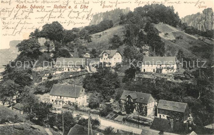 Rathen Saechsische Schweiz Teilansicht mit Bastei Felsen Elbsandsteingebirge