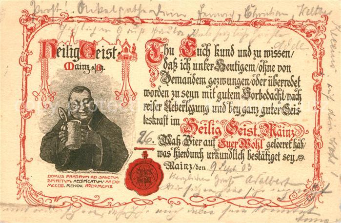 Mainz Rhein Heilig Geist Gaststaette Urkunde Siegel Pater Bierkrug