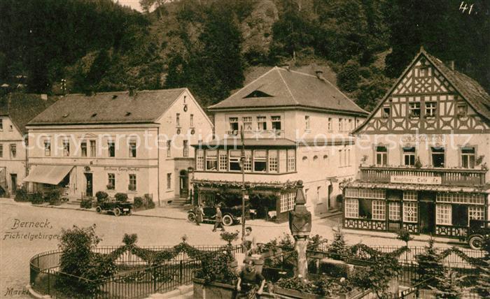 Berneck Fichtelgebirge Strassenpartie Gasthaus Konditorei Brunnen Kupferdoppelto