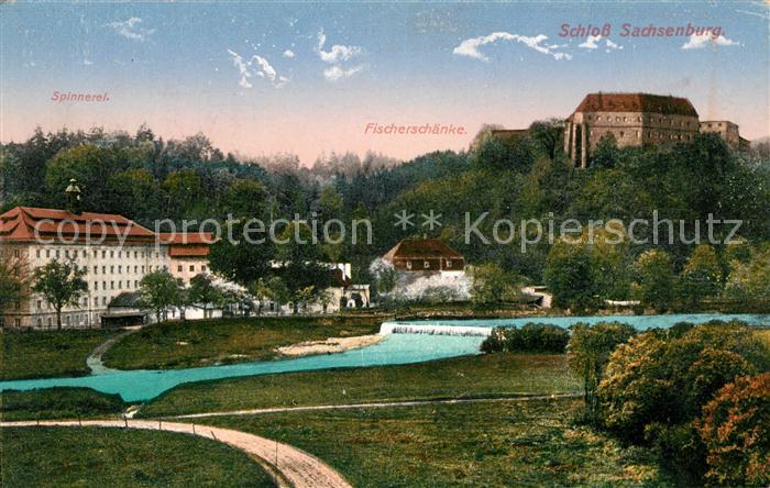 Sachsenburg Frankenberg Blick ueber die Zschopau Spinnerei Fischerschaenke Schlo