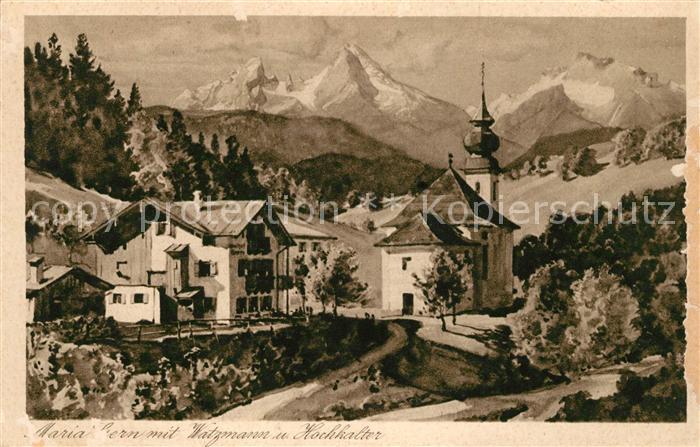 Maria Gern Ortsmotiv mit Kirche Watzmann Hochkalter Berchtesgadener Alpen Kuenst