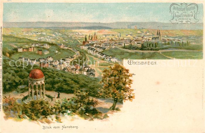 Wiesbaden Panorama Blick vom Neroberg Litho