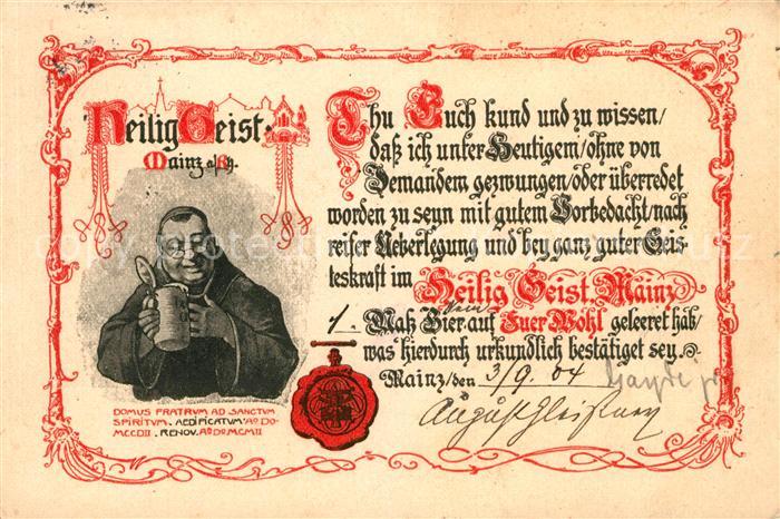 Mainz Rhein Heilig Geist Gaststaette Urkunde Siegel Pater Bierkrug