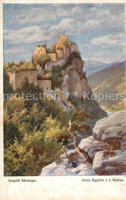 Aggsbach-Dorf Ruine Aggstein in der Wachau L. Schweiger Kuenstlerkarte Heimatkun