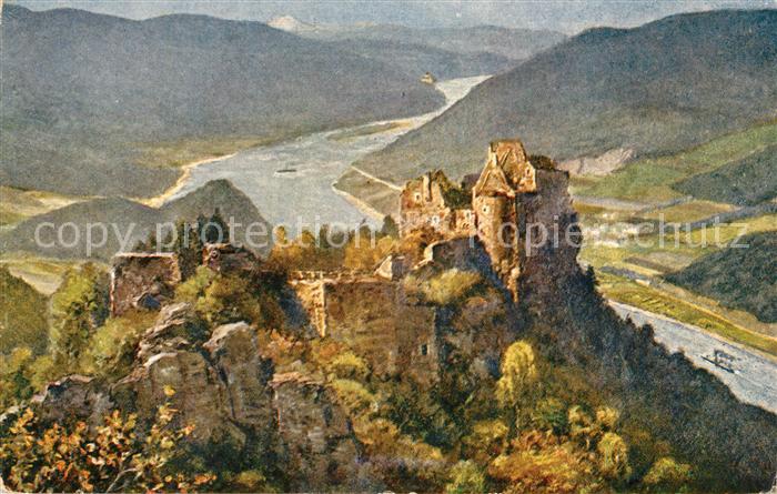Aggsbach-Dorf Ruine Aggstein in der Wachau an der Donau Kuenstlerkarte