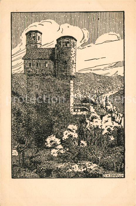 Neckarsteinach Schwalbennest Burg Kuenstlerkarte Raasch