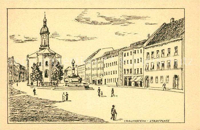 Traunstein Oberbayern Stadtplatz Zeichnung