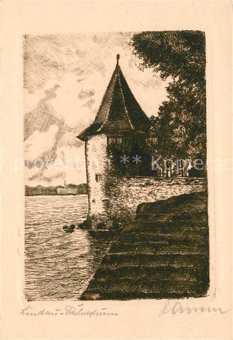 Radierung Lindau Bodensee Pulverturm