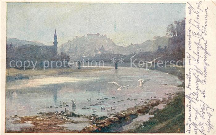Salzburg Oesterreich Flusspartie im Winter Moeven Kuenstlerkarte