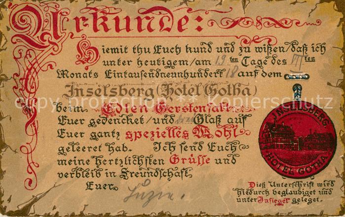 Grosser Inselsberg Hotel Gotha Urkunde