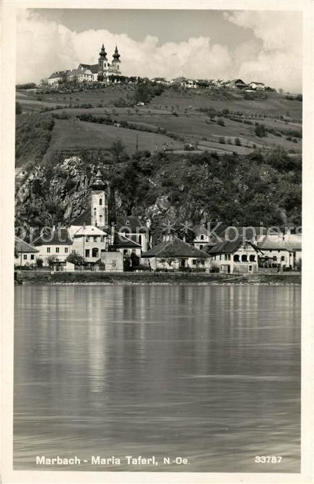 Marbach Donau Blick ueber die Donau zur Wallfahrtskirche