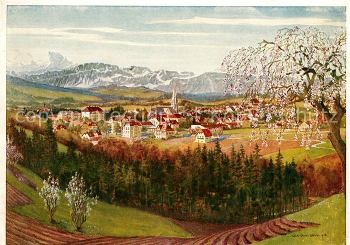 Bad Hall Oberoesterreich Gesamtansicht vom Amberg Baumbluete Kuenstlerkarte