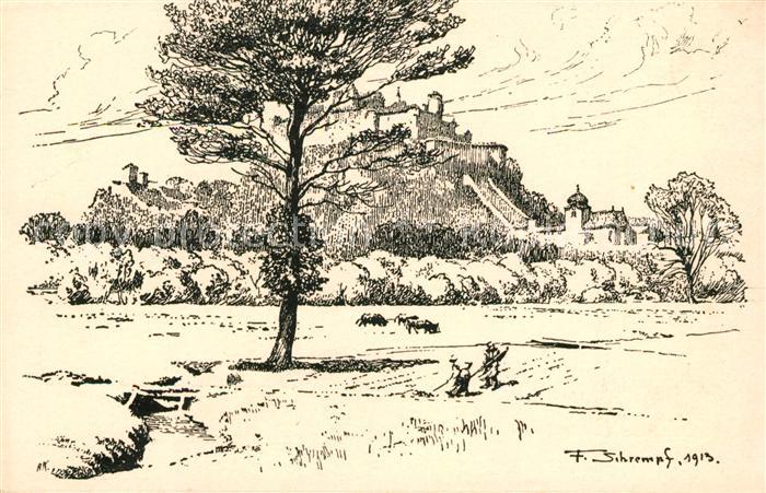 Salzburg Oesterreich Festung Hohensalzburg von der Aignerstrasse Zeichnung