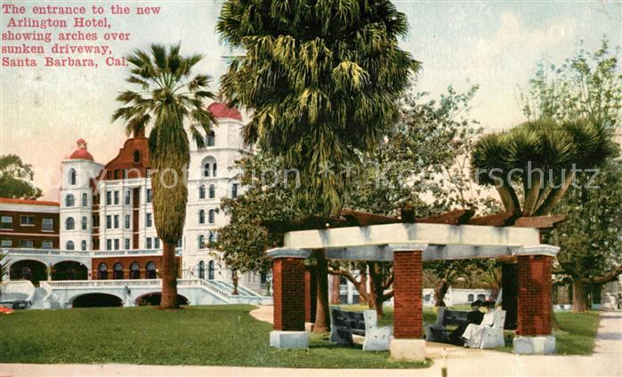 Santa Barbara California Entrance of new Arlington Hotel arches sunken driveway