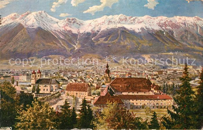 Innsbruck Stadtpanorama vom Berg Isel gegen Norden Alpen Kuenstlerkarte
