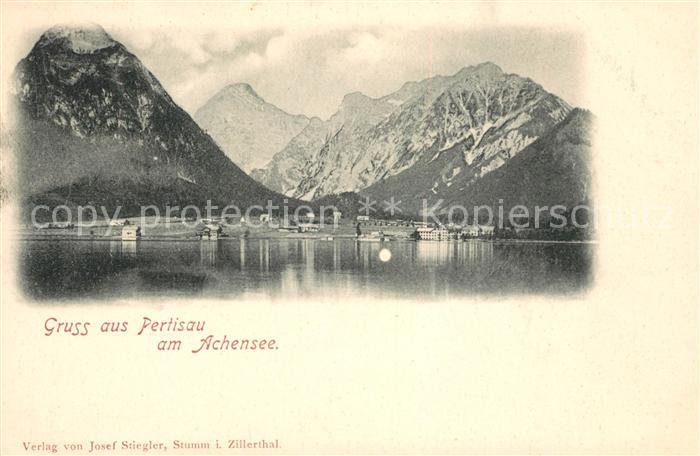 Pertisau Achensee Blick ueber den See zu den Alpen