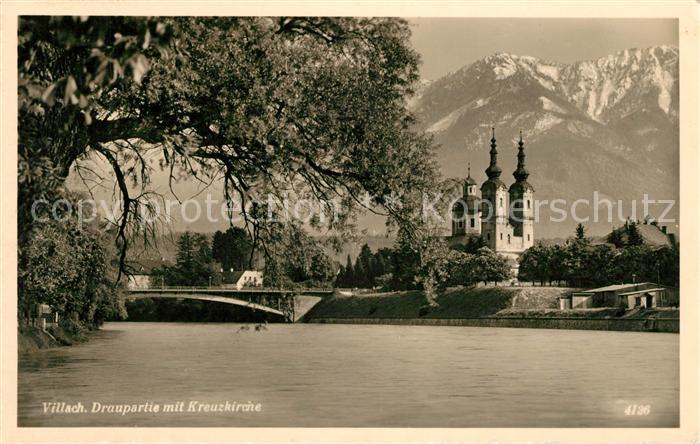 Villach Kaernten Draupartie mit Kreuzkirche Alpen