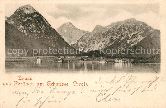 Pertisau Achensee Blick ueber den See zu den Alpen