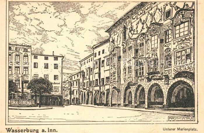 Wasserburg Inn Unterer Marienplatz Zeichnung Koch Hanau Kuenstlerkarte