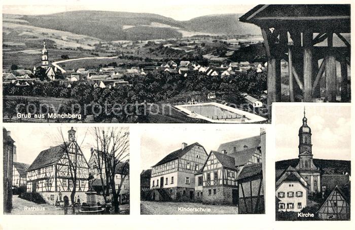 Moenchberg Spessart Panorama Schwimmstadion Rathaus Fachwerkhaeuser Schule Kirch