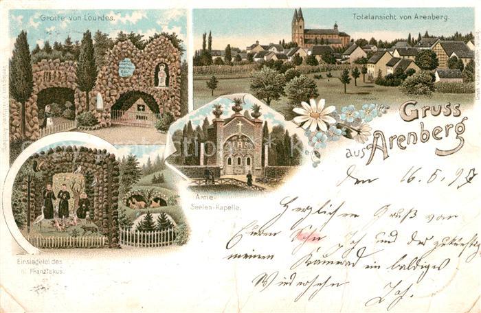 Arenberg Koblenz Grotte von Lourdes Einsiedelei Arme Seelen Kapelle Kirche Litho