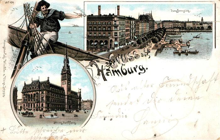 HAMBURG  CITY Jungfernstieg Seemann Neues Rathaus Litho