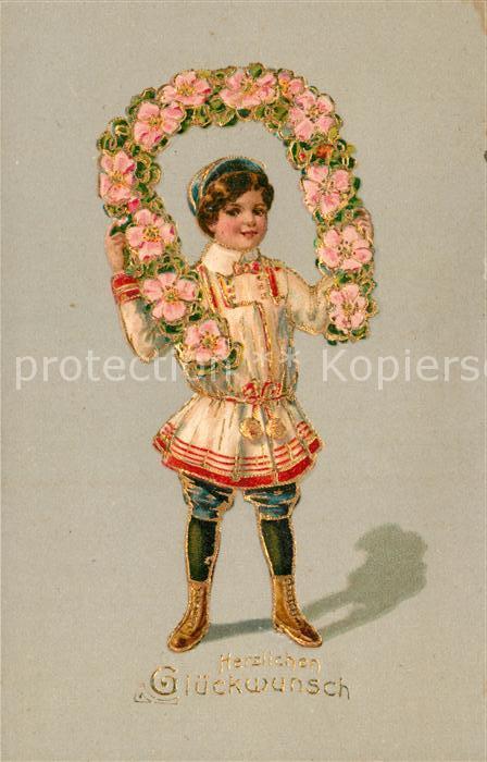 Glueckwunsch Kind Hufeisen Blumen Litho