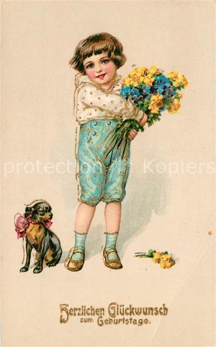 Geburtstag Kind Hund Blumen Litho