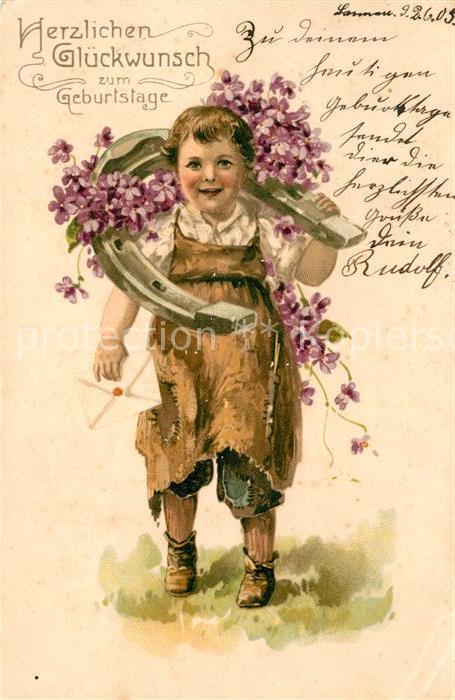 Geburtstag Kind Hufeisen Blumen Litho