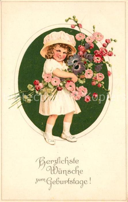Geburtstag Kind Hutmode Blumen Litho