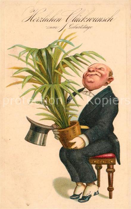Geburtstag Mann Zylinder Pflanze Litho
