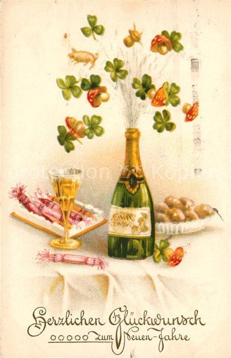 Neujahr Sektflasche Kleeblaetter Pilze Knallbonbons Litho
